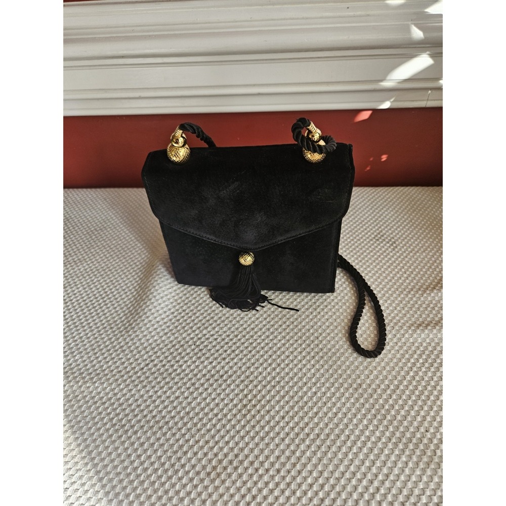 Vintage Mary Kay Black Suede Tassel Evening Bag Crossbody Clutch 80s 90s